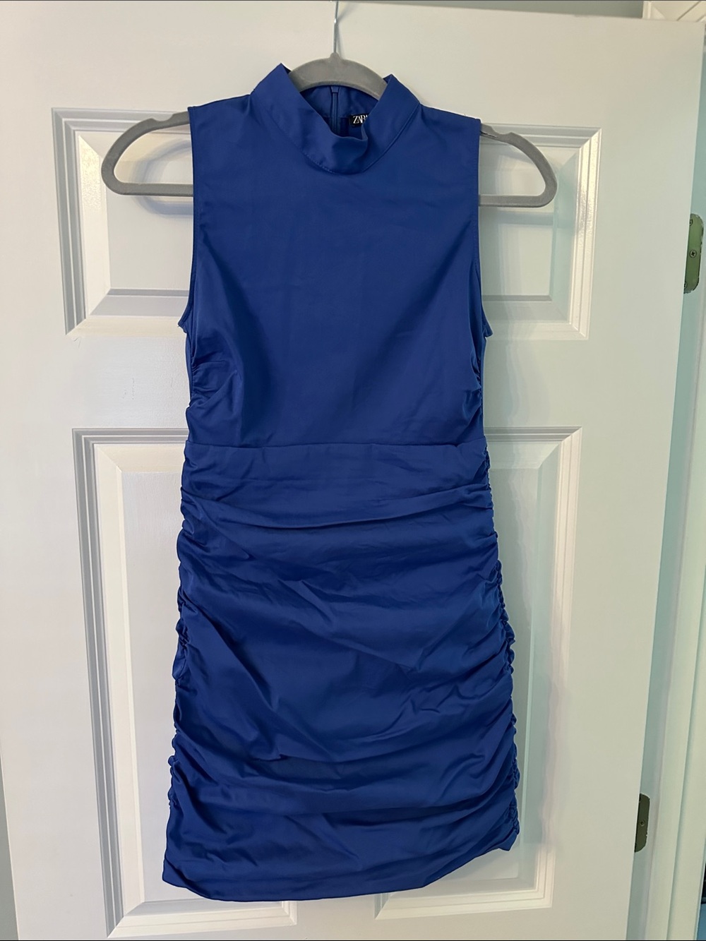 Sleeveless Royal Blue Ruched Mock Neck Dress